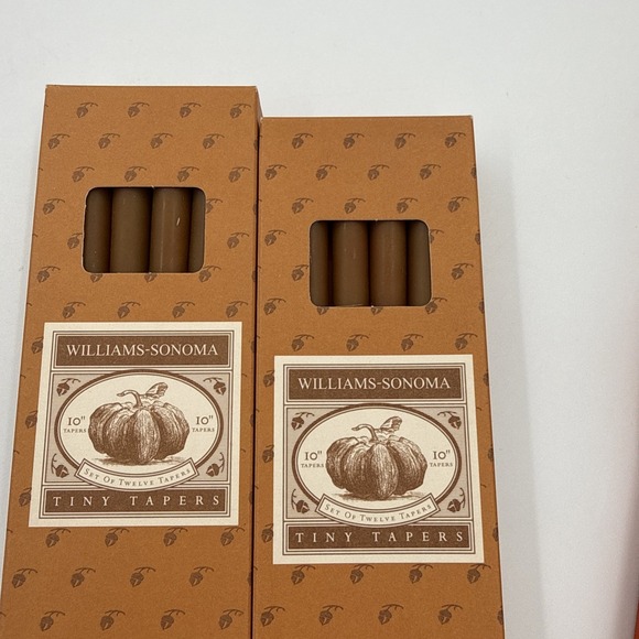 Williams Sonoma Autumn Leaf Taper Holders & 2 Boxes Unused Amber Taper Candles - Picture 3 of 4